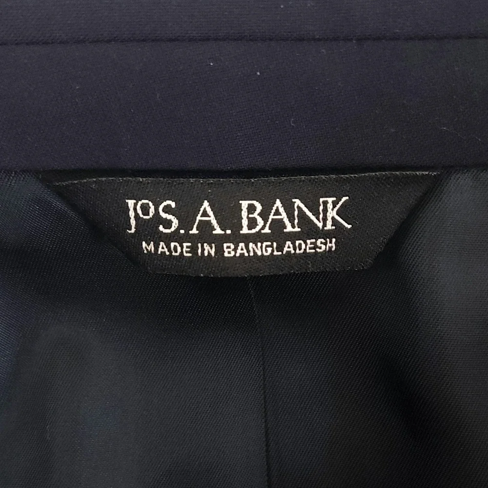Jos A Bank Mens Blazer 46L Navy Blue 100% Wool 3 Button Brass‎ Crest Sport Coat